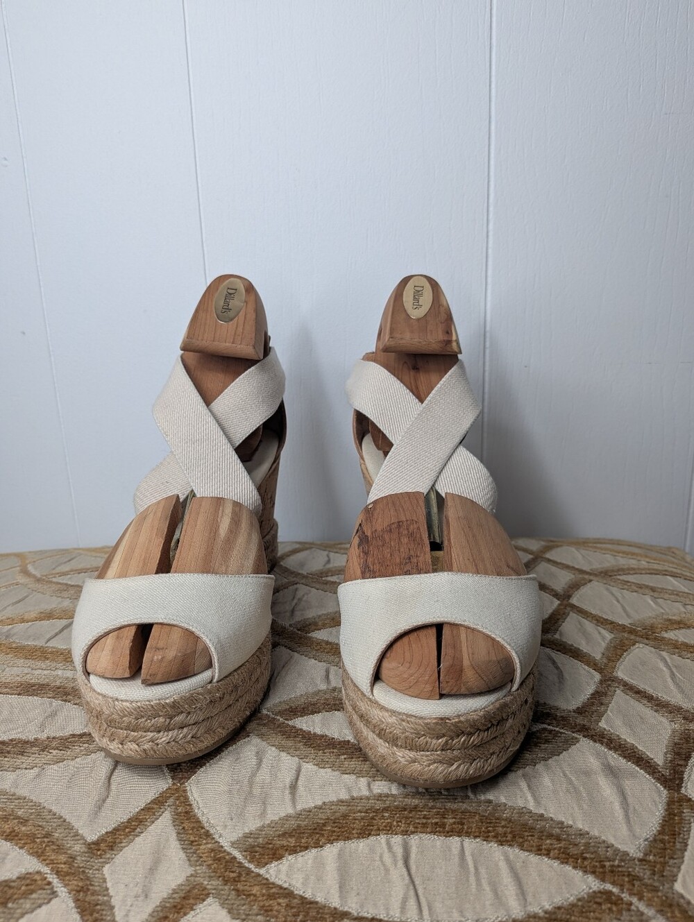 Tory Burch Cream Canvas Slip On Cross Strap Espadrille Open Tod Wedge Size 11